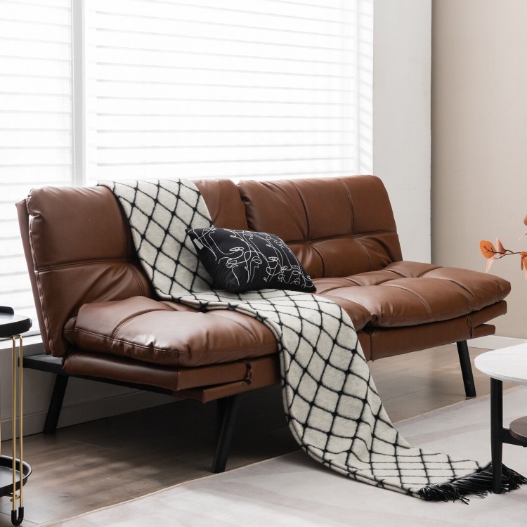 Brown convertible memory foam futon sofa bed with adjustable armrest, perfect for small apartments and versatile use.